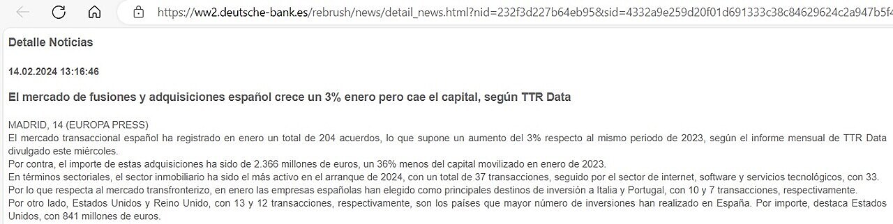 El mercado de fusiones y adquisiciones espaol crece un 3% enero pero cae el capital, segn TTR Data